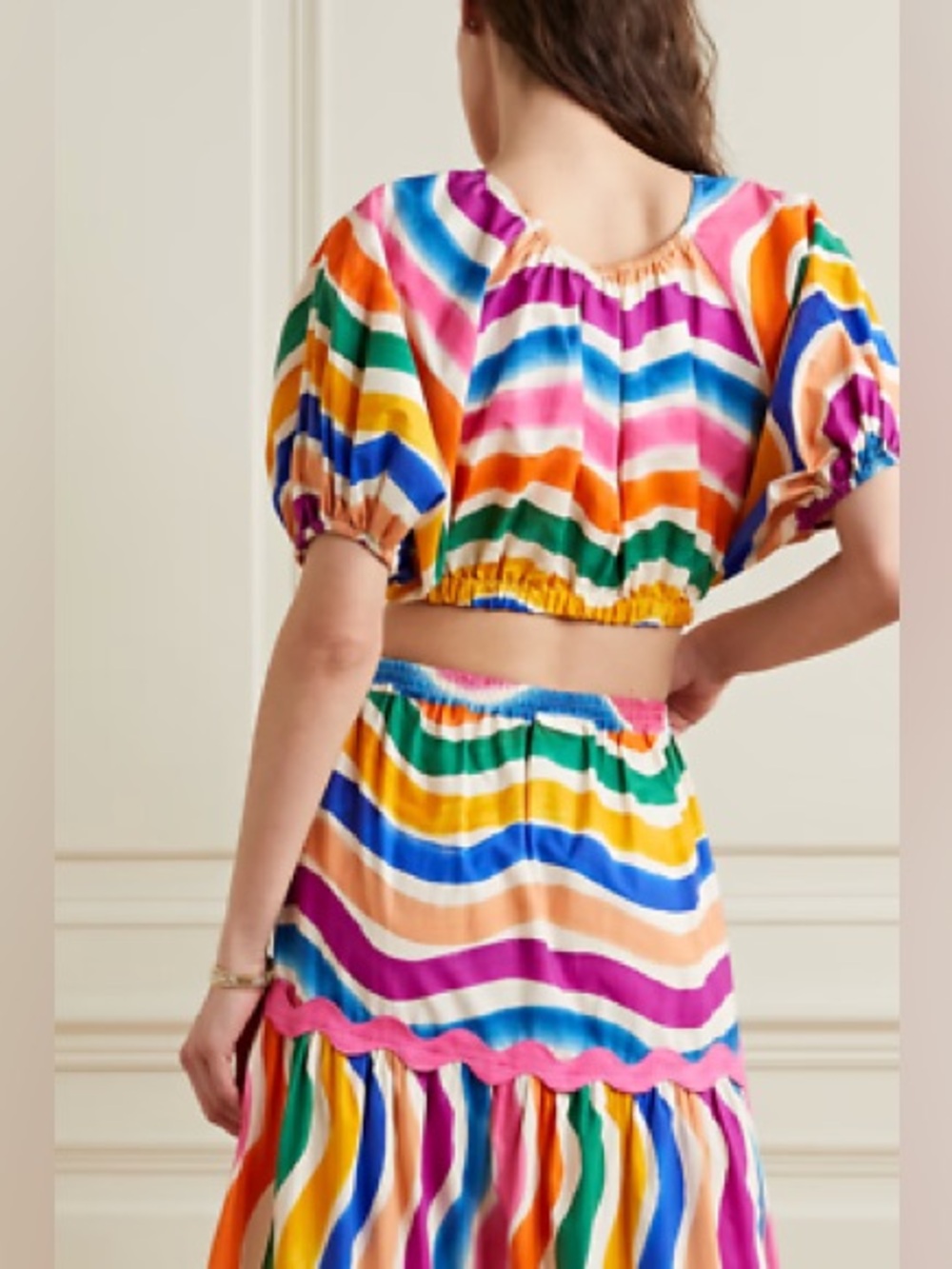 Farm Rio Dancing Stripes Crop Puff Sleeve 100% Cotton Blouse Multicolored - Picture 11 of 13